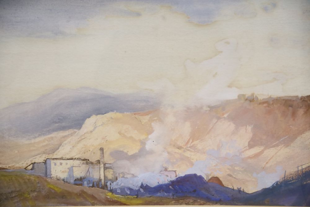 Cecil Arthur Hunt (1873-1965), watercolour and bodycolour, Mountain landscape with factory town, signed, 37 x 56cm